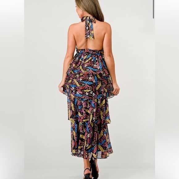 MEET ME IN SANTORINI FLORAL HALTER TIERED RUFFLE FOREST FAIRY MAXI DRESS SIZE XS - Picture 2 of 15